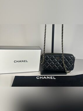 Authentic CHANEL Black Gold Quilted Lambskin Double Zip Crossbody Clutch